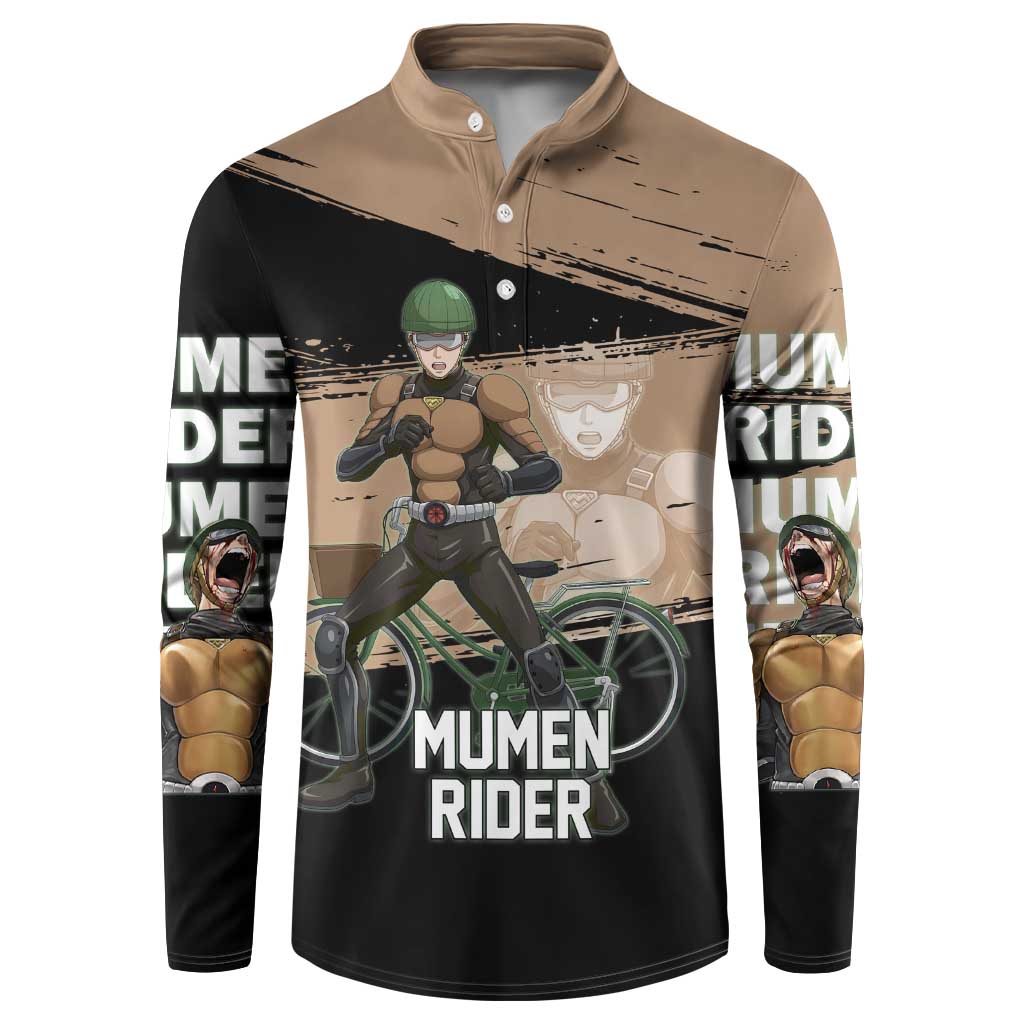 Mumen Rider One Punch Man Anime Brown and Black Button Sweatshirt with Bicycle Hero Pose and Inspirational Determination Design - The Mazicc