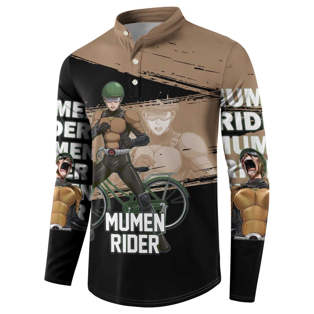 Mumen Rider One Punch Man Anime Brown and Black Button Sweatshirt with Bicycle Hero Pose and Inspirational Determination Design - The Mazicc