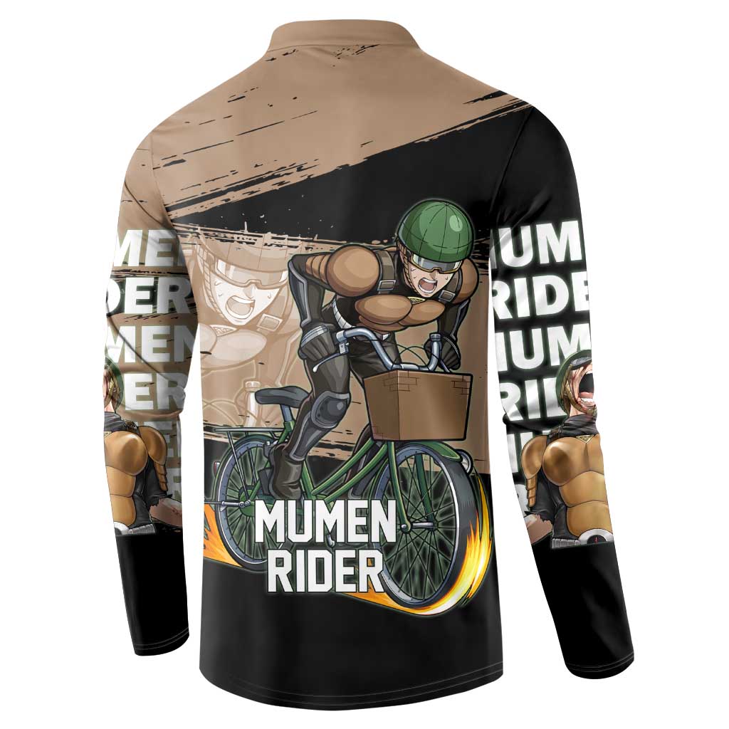 Mumen Rider One Punch Man Anime Brown and Black Button Sweatshirt with Bicycle Hero Pose and Inspirational Determination Design - The Mazicc