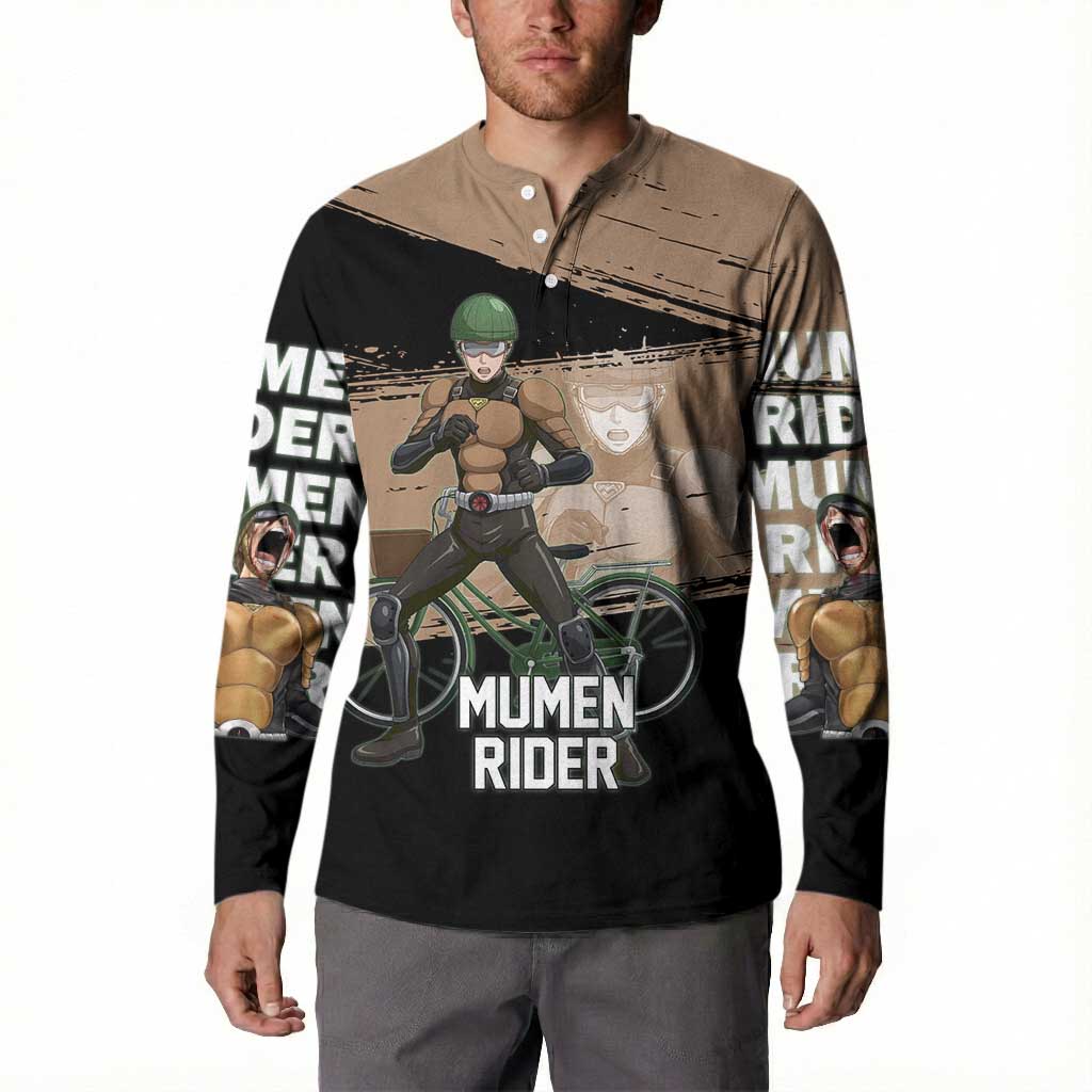 Mumen Rider One Punch Man Anime Brown and Black Button Sweatshirt with Bicycle Hero Pose and Inspirational Determination Design - The Mazicc