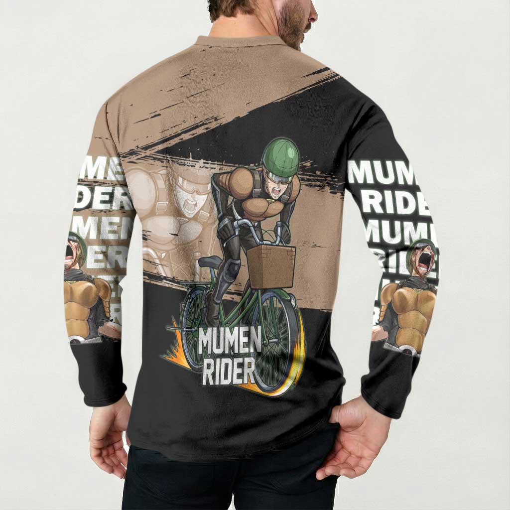 Mumen Rider One Punch Man Anime Brown and Black Button Sweatshirt with Bicycle Hero Pose and Inspirational Determination Design - The Mazicc