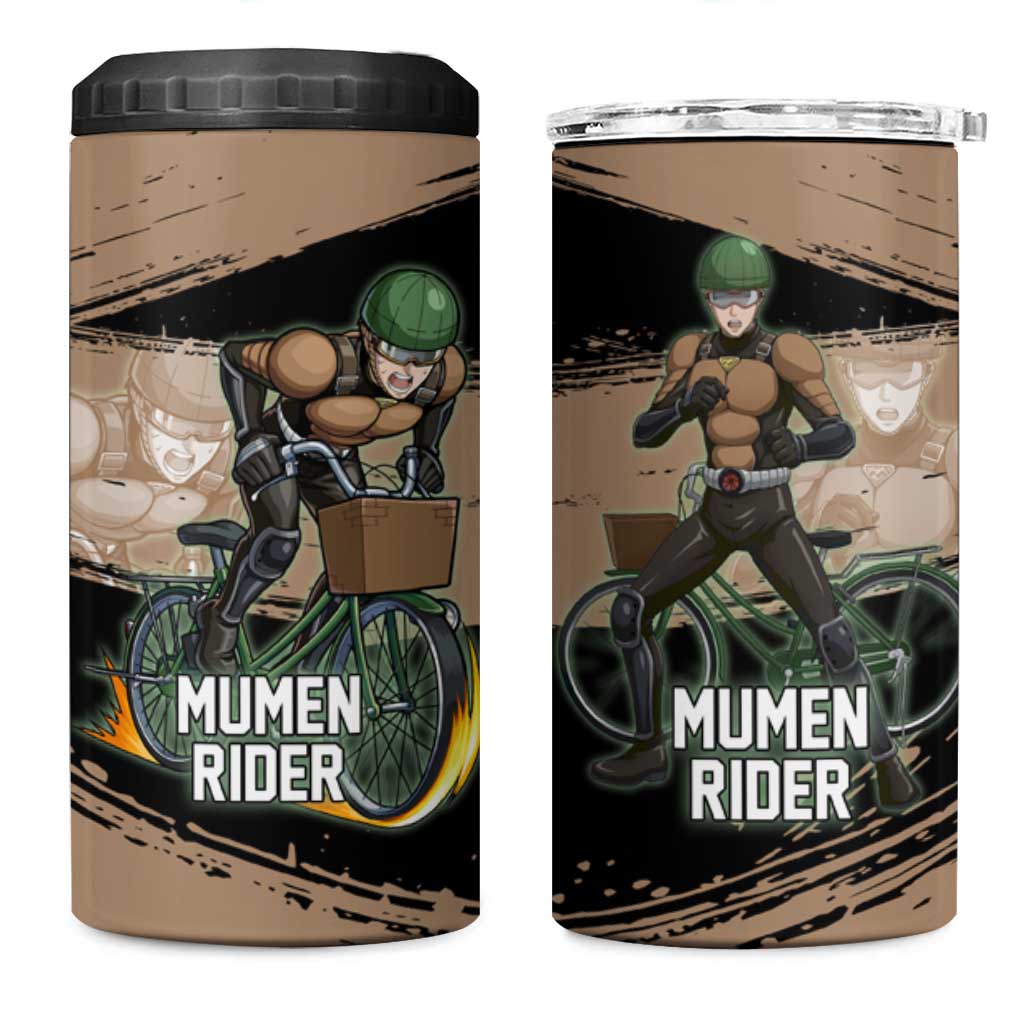 Mumen Rider One Punch Man Anime Brown and Black 4 in 1 Can Cooler Tumbler with Bicycle Hero Pose and Inspirational Determination Design - The Mazicc