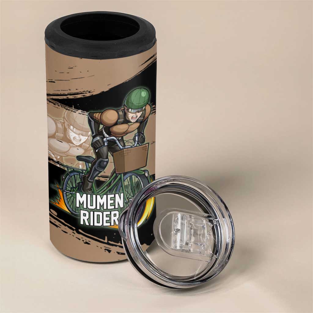 Mumen Rider One Punch Man Anime Brown and Black 4 in 1 Can Cooler Tumbler with Bicycle Hero Pose and Inspirational Determination Design - The Mazicc