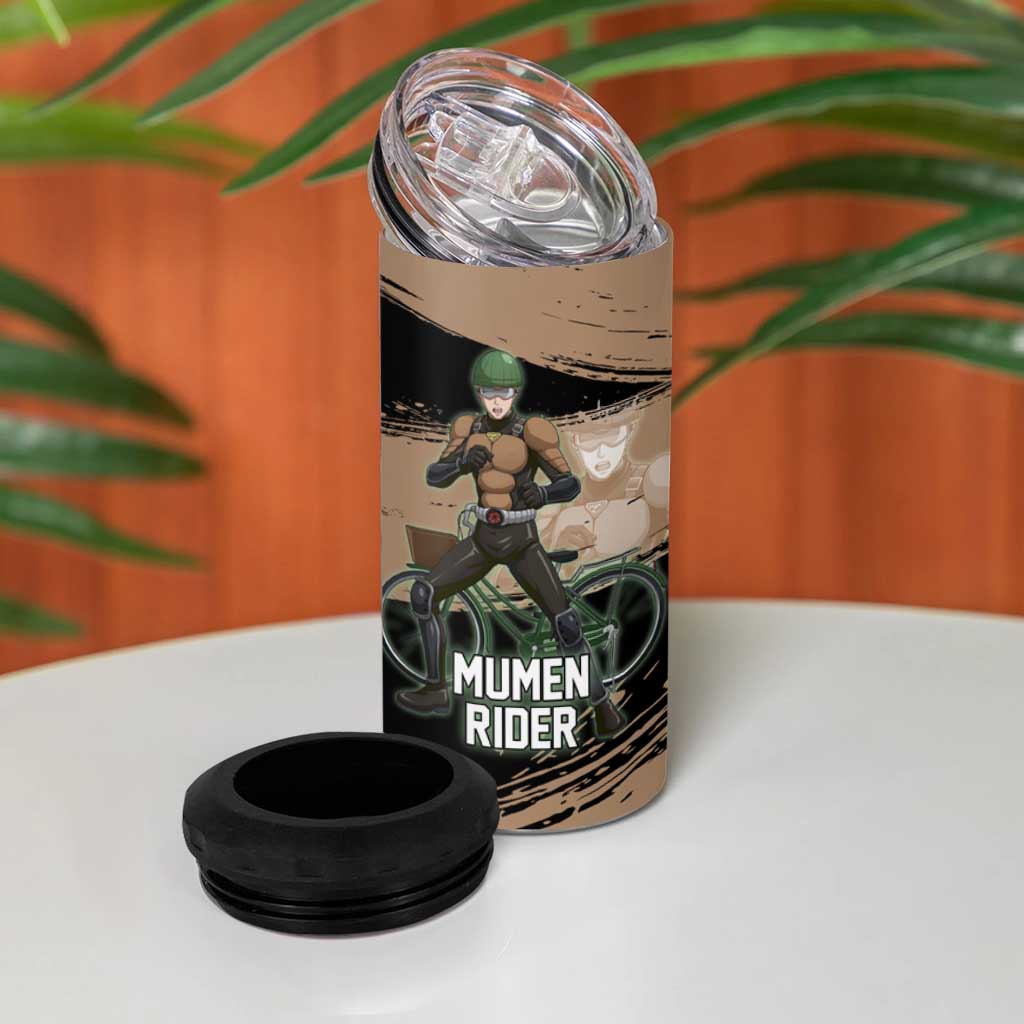 Mumen Rider One Punch Man Anime Brown and Black 4 in 1 Can Cooler Tumbler with Bicycle Hero Pose and Inspirational Determination Design - The Mazicc