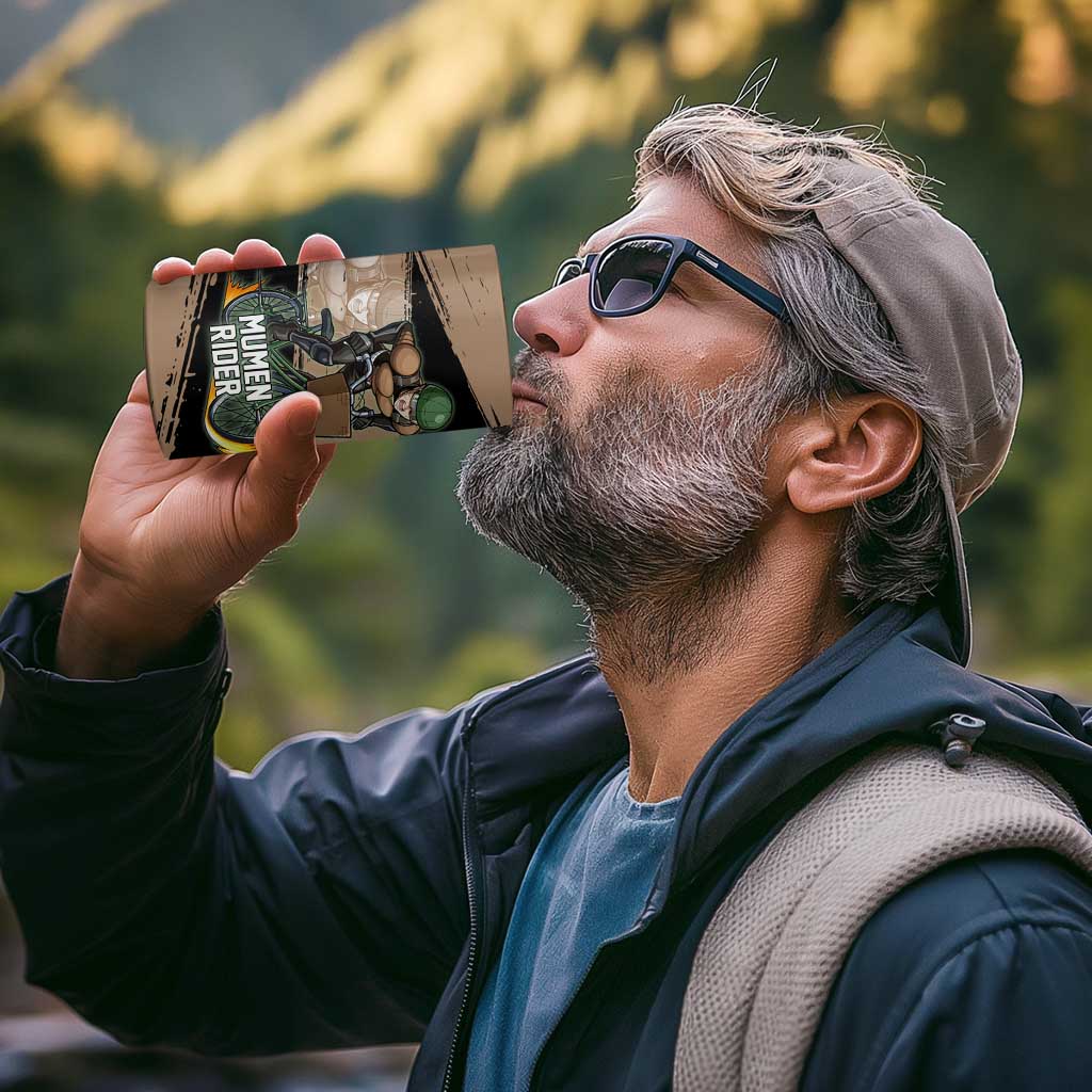Mumen Rider One Punch Man Anime Brown and Black 4 in 1 Can Cooler Tumbler with Bicycle Hero Pose and Inspirational Determination Design - The Mazicc