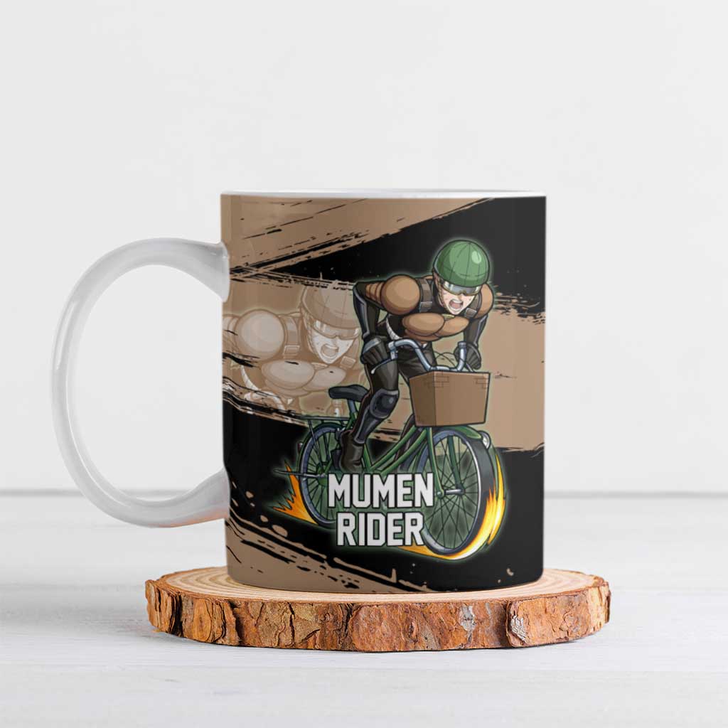 Mumen Rider One Punch Man Anime Brown and Black Ceramic Mug with Bicycle Hero Pose and Inspirational Determination Design - The Mazicc