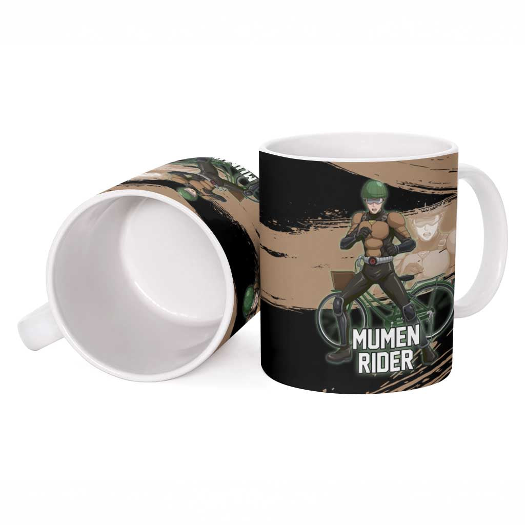 Mumen Rider One Punch Man Anime Brown and Black Ceramic Mug with Bicycle Hero Pose and Inspirational Determination Design - The Mazicc