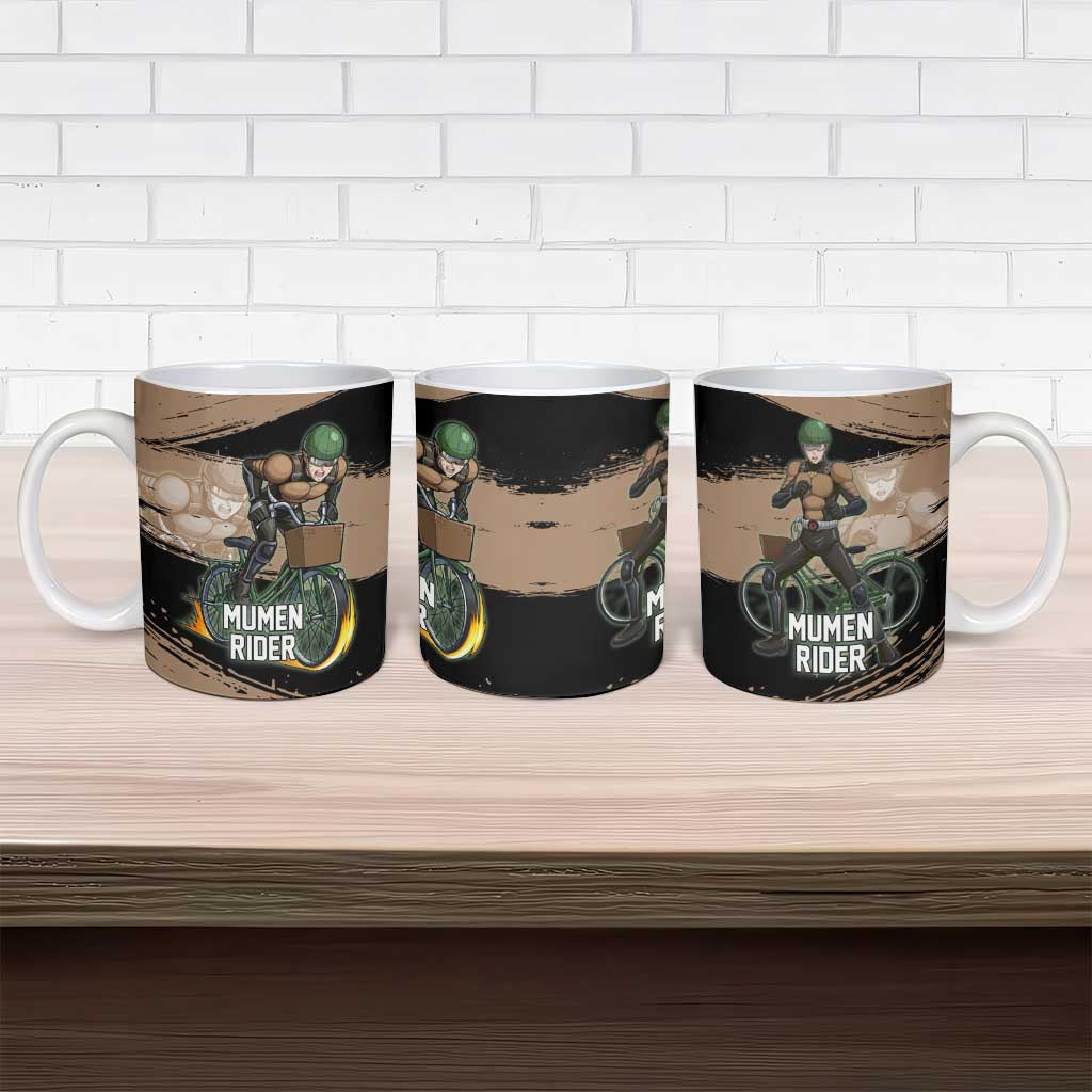 Mumen Rider One Punch Man Anime Brown and Black Ceramic Mug with Bicycle Hero Pose and Inspirational Determination Design - The Mazicc