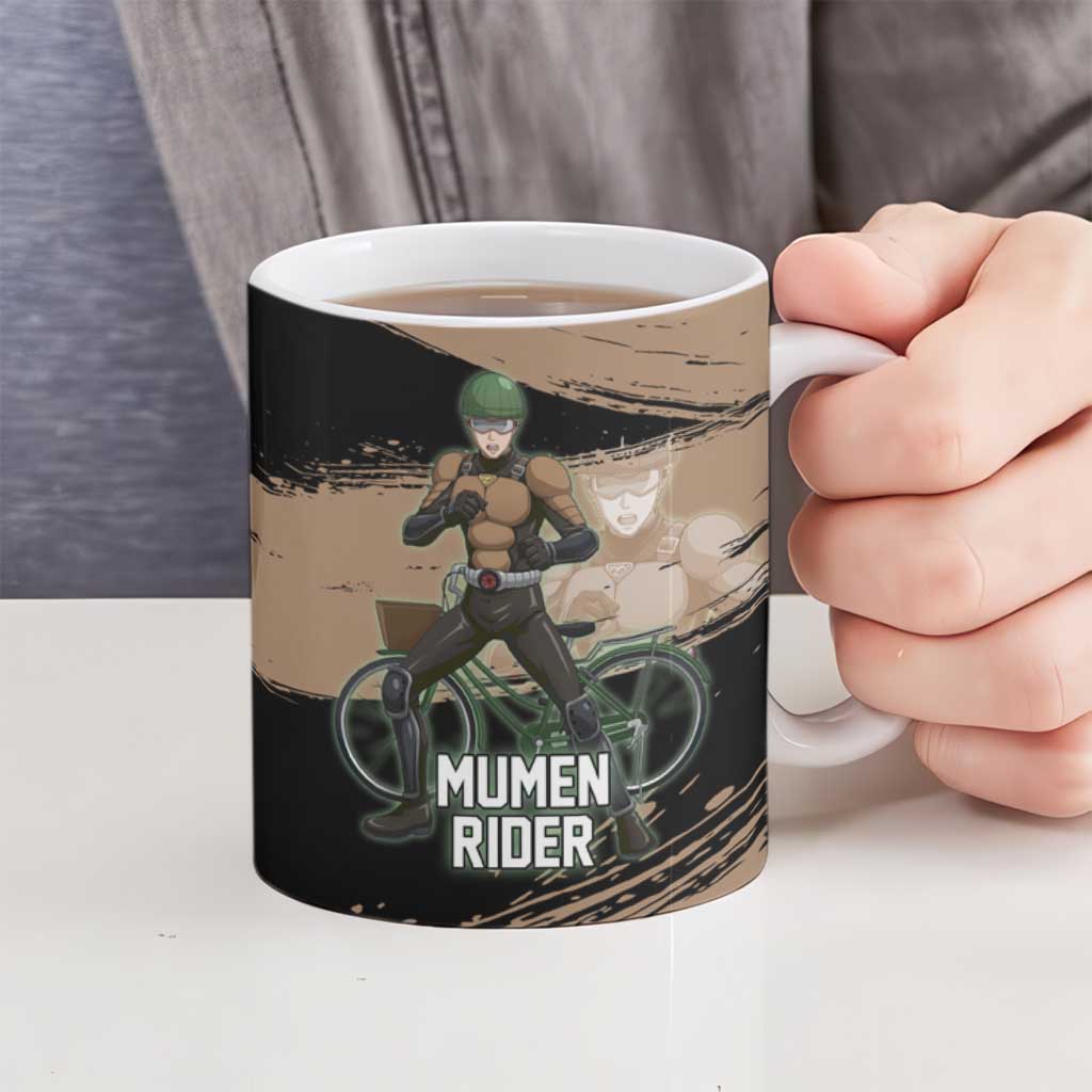 Mumen Rider One Punch Man Anime Brown and Black Ceramic Mug with Bicycle Hero Pose and Inspirational Determination Design - The Mazicc