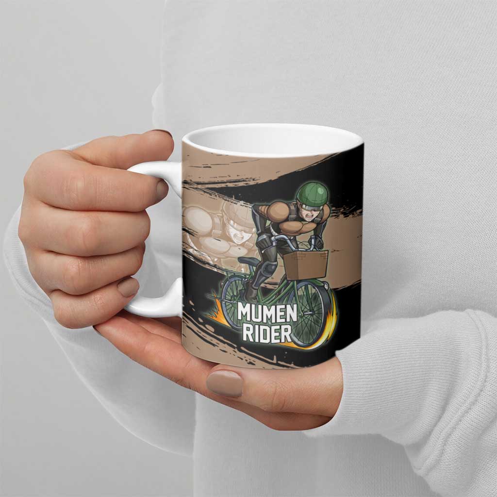 Mumen Rider One Punch Man Anime Brown and Black Ceramic Mug with Bicycle Hero Pose and Inspirational Determination Design - The Mazicc
