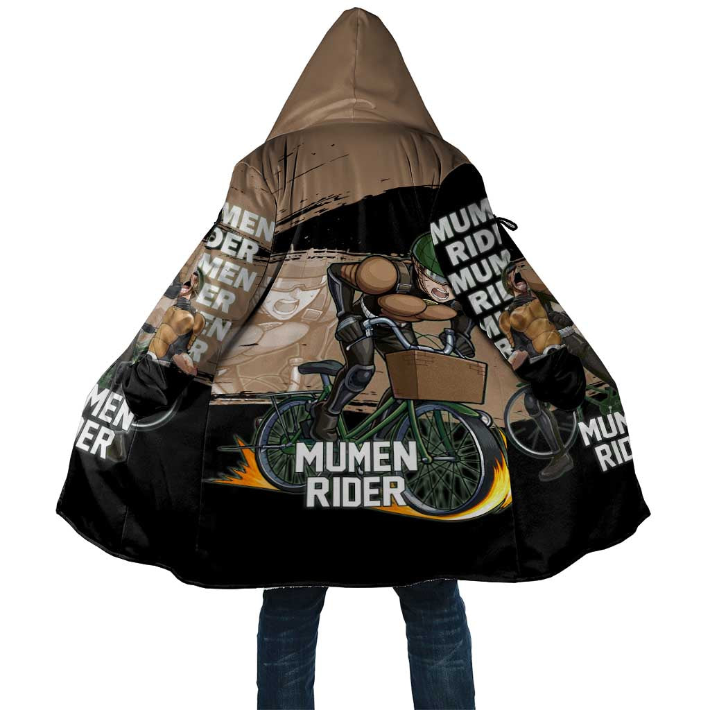 Mumen Rider One Punch Man Anime Brown and Black Cloak with Bicycle Hero Pose and Inspirational Determination Design - The Mazicc