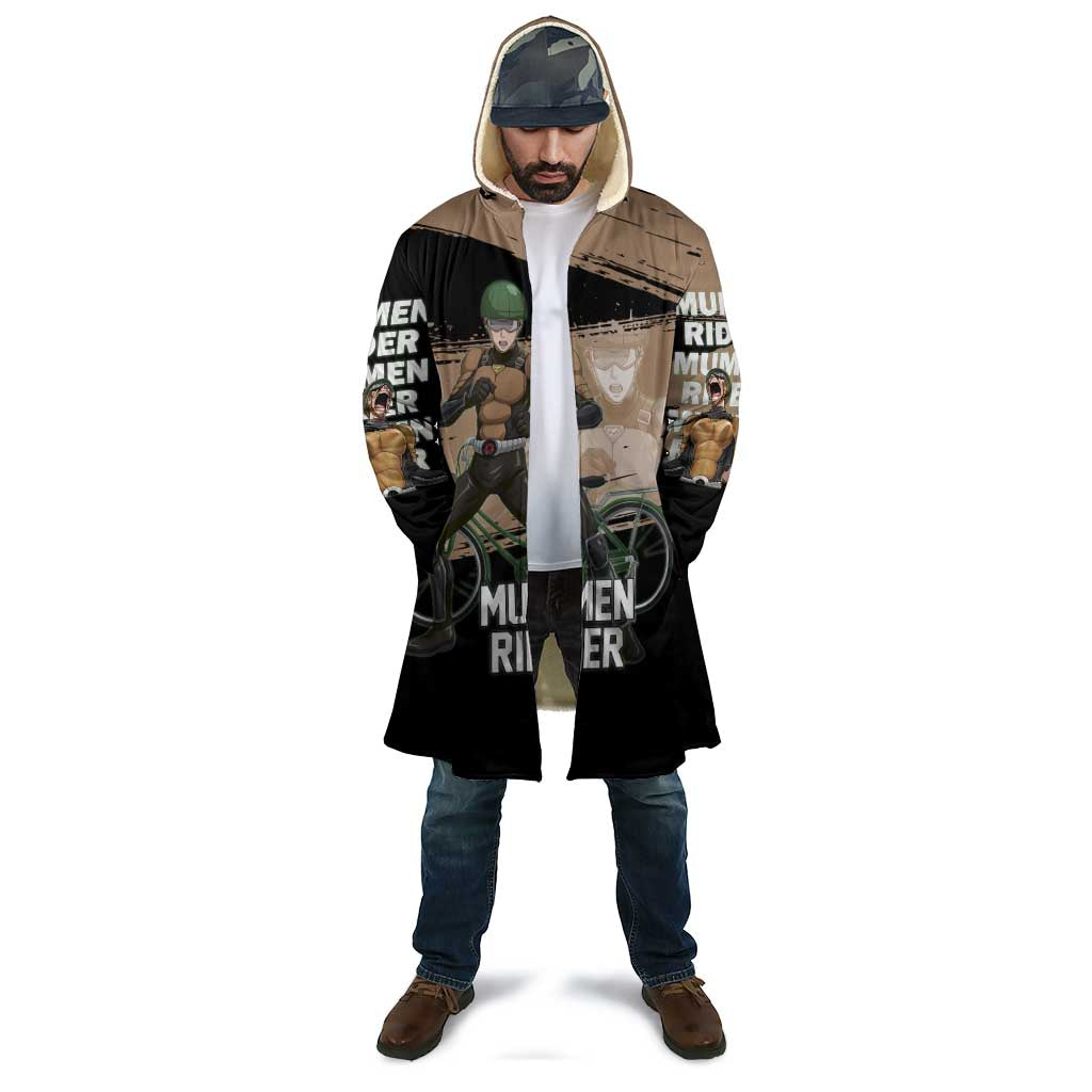 Mumen Rider One Punch Man Anime Brown and Black Cloak with Bicycle Hero Pose and Inspirational Determination Design - The Mazicc