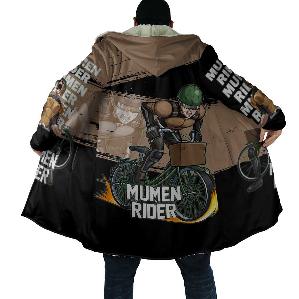 Mumen Rider One Punch Man Anime Brown and Black Cloak with Bicycle Hero Pose and Inspirational Determination Design - The Mazicc