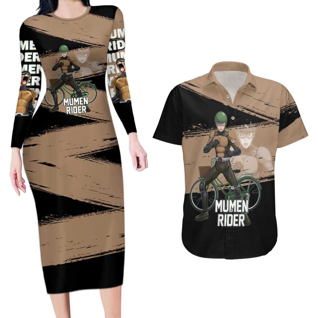 Mumen Rider One Punch Man Anime Brown and Black Couples Matching Long Sleeve Bodycon Dress and Hawaiian Shirt with Bicycle Hero Pose and Inspirational Determination Design - The Mazicc