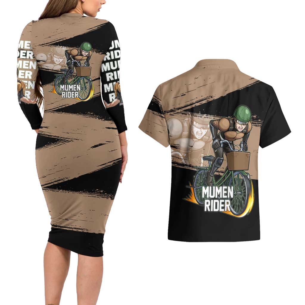 Mumen Rider One Punch Man Anime Brown and Black Couples Matching Long Sleeve Bodycon Dress and Hawaiian Shirt with Bicycle Hero Pose and Inspirational Determination Design - The Mazicc