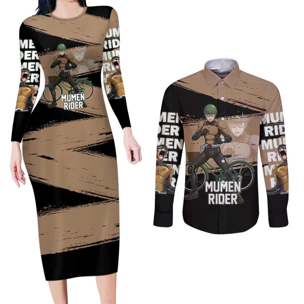 Mumen Rider One Punch Man Anime Brown and Black Couples Matching Long Sleeve Bodycon Dress and Long Sleeve Button Shirt with Bicycle Hero Pose and Inspirational Determination Design - The Mazicc