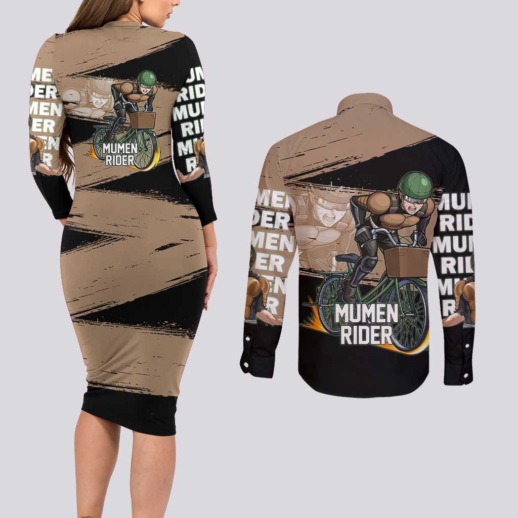 Mumen Rider One Punch Man Anime Brown and Black Couples Matching Long Sleeve Bodycon Dress and Long Sleeve Button Shirt with Bicycle Hero Pose and Inspirational Determination Design - The Mazicc