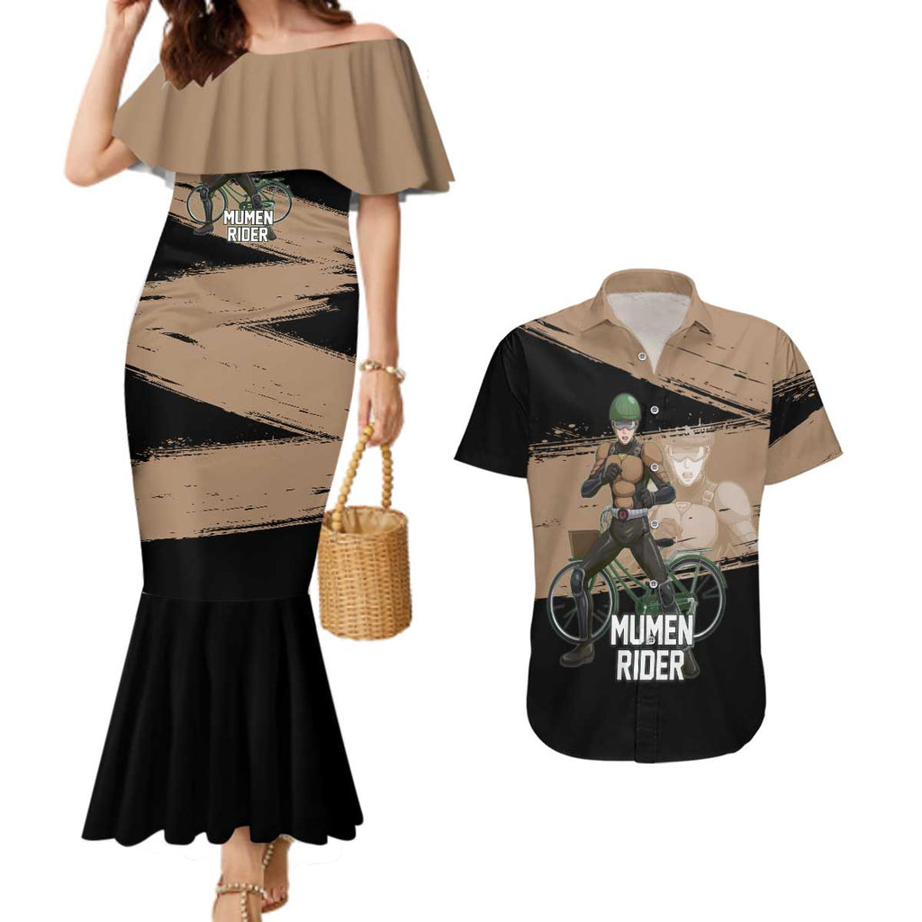 Mumen Rider One Punch Man Anime Brown and Black Couples Matching Mermaid Dress and Hawaiian Shirt with Bicycle Hero Pose and Inspirational Determination Design - The Mazicc