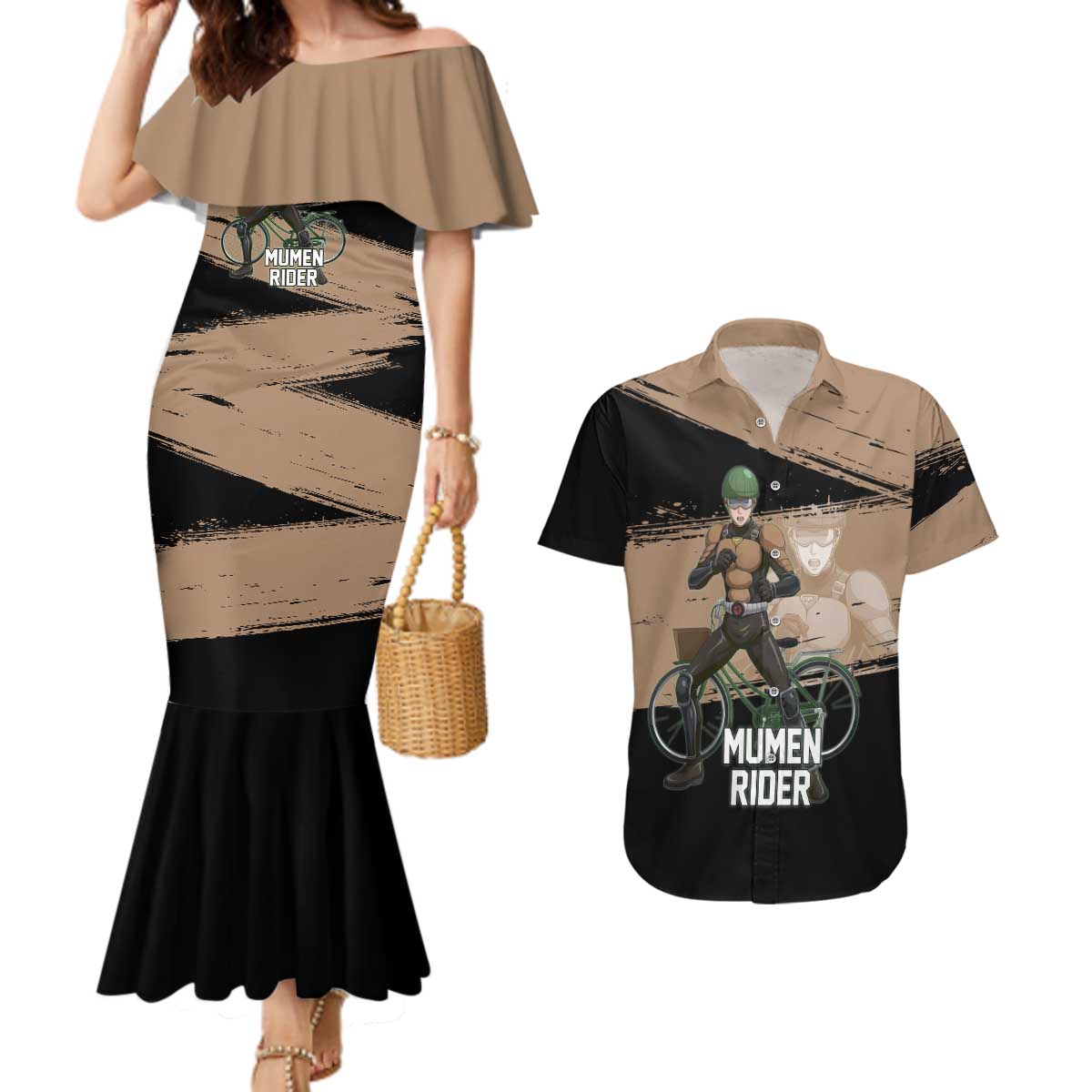 Mumen Rider One Punch Man Anime Brown and Black Couples Matching Mermaid Dress and Hawaiian Shirt with Bicycle Hero Pose and Inspirational Determination Design - The Mazicc