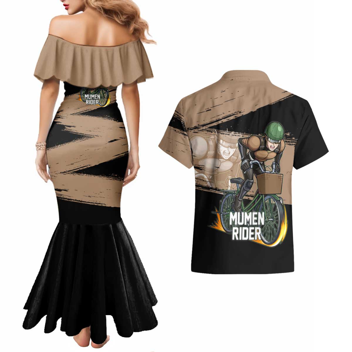 Mumen Rider One Punch Man Anime Brown and Black Couples Matching Mermaid Dress and Hawaiian Shirt with Bicycle Hero Pose and Inspirational Determination Design - The Mazicc