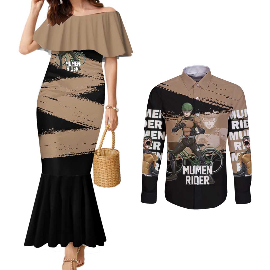 Mumen Rider One Punch Man Anime Brown and Black Couples Matching Mermaid Dress and Long Sleeve Button Shirt with Bicycle Hero Pose and Inspirational Determination Design - The Mazicc
