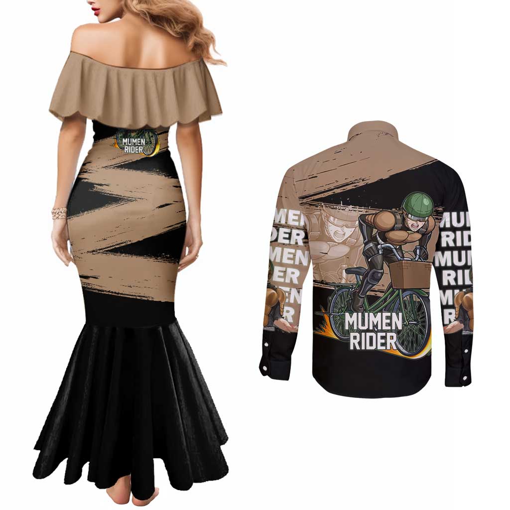 Mumen Rider One Punch Man Anime Brown and Black Couples Matching Mermaid Dress and Long Sleeve Button Shirt with Bicycle Hero Pose and Inspirational Determination Design - The Mazicc