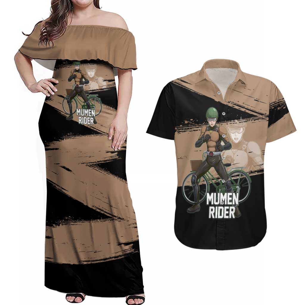 Mumen Rider One Punch Man Anime Brown and Black Couples Matching Off Shoulder Maxi Dress and Hawaiian Shirt with Bicycle Hero Pose and Inspirational Determination Design - The Mazicc
