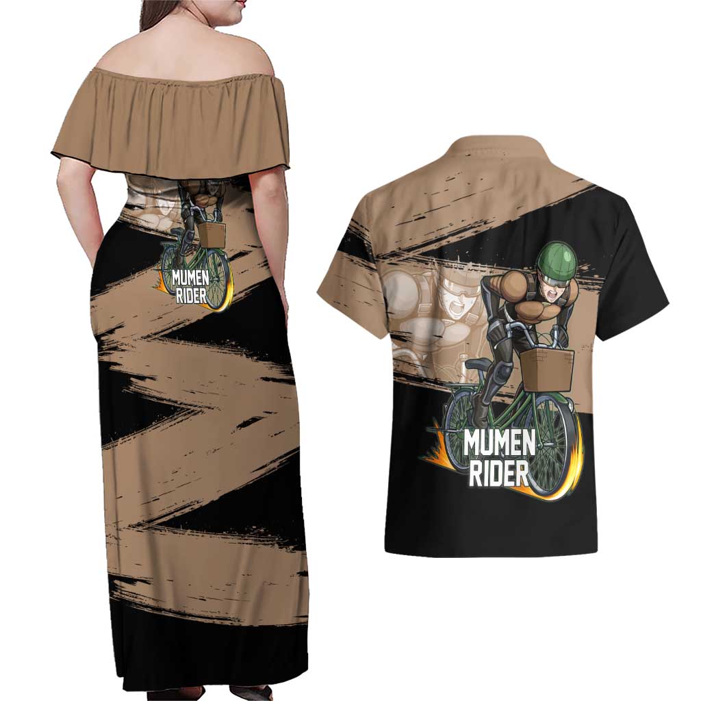 Mumen Rider One Punch Man Anime Brown and Black Couples Matching Off Shoulder Maxi Dress and Hawaiian Shirt with Bicycle Hero Pose and Inspirational Determination Design - The Mazicc