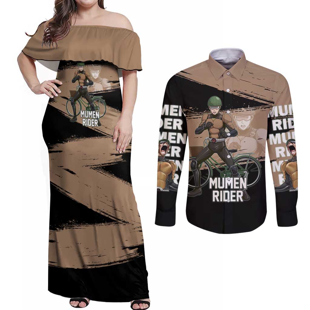 Mumen Rider One Punch Man Anime Brown and Black Couples Matching Off Shoulder Maxi Dress and Long Sleeve Button Shirt with Bicycle Hero Pose and Inspirational Determination Design - The Mazicc