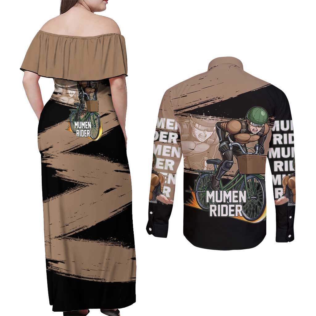 Mumen Rider One Punch Man Anime Brown and Black Couples Matching Off Shoulder Maxi Dress and Long Sleeve Button Shirt with Bicycle Hero Pose and Inspirational Determination Design - The Mazicc