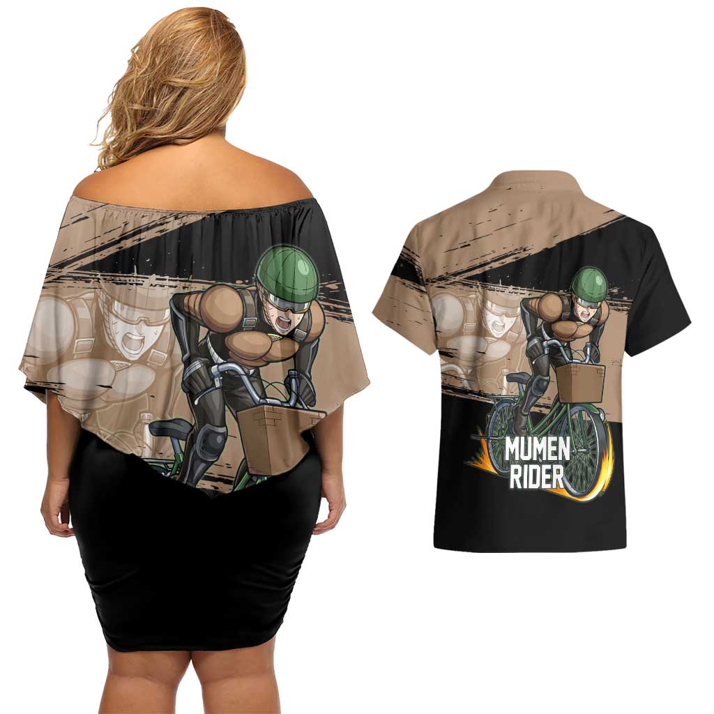 Mumen Rider One Punch Man Anime Brown and Black Couples Matching Off Shoulder Short Dress and Hawaiian Shirt with Bicycle Hero Pose and Inspirational Determination Design - The Mazicc