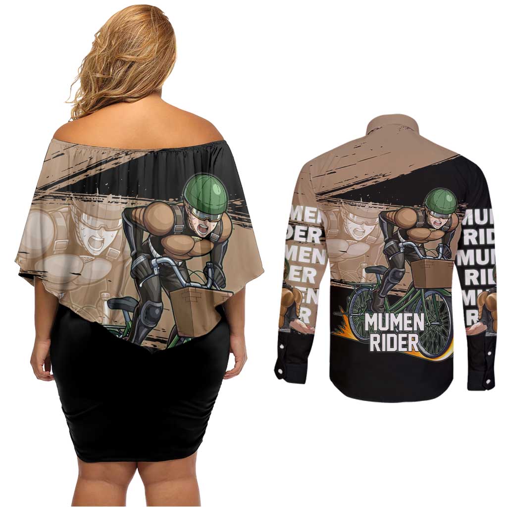 Mumen Rider One Punch Man Anime Brown and Black Couples Matching Off Shoulder Short Dress and Long Sleeve Button Shirt with Bicycle Hero Pose and Inspirational Determination Design - The Mazicc