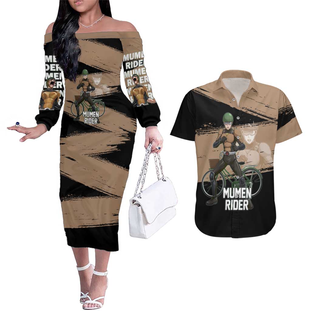 Mumen Rider One Punch Man Anime Brown and Black Couples Matching Off The Shoulder Long Sleeve Dress and Hawaiian Shirt with Bicycle Hero Pose and Inspirational Determination Design - The Mazicc