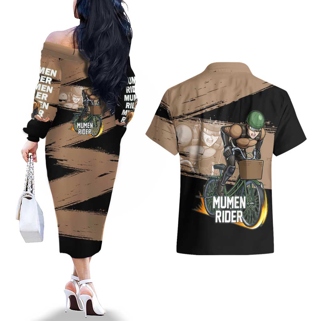 Mumen Rider One Punch Man Anime Brown and Black Couples Matching Off The Shoulder Long Sleeve Dress and Hawaiian Shirt with Bicycle Hero Pose and Inspirational Determination Design - The Mazicc