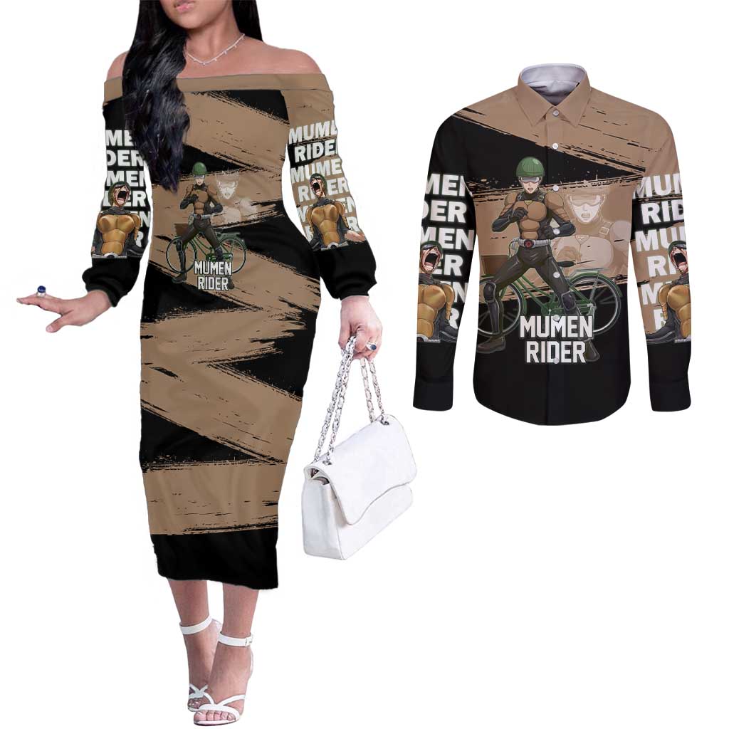 Mumen Rider One Punch Man Anime Brown and Black Couples Matching Off The Shoulder Long Sleeve Dress and Long Sleeve Button Shirt with Bicycle Hero Pose and Inspirational Determination Design - The Mazicc