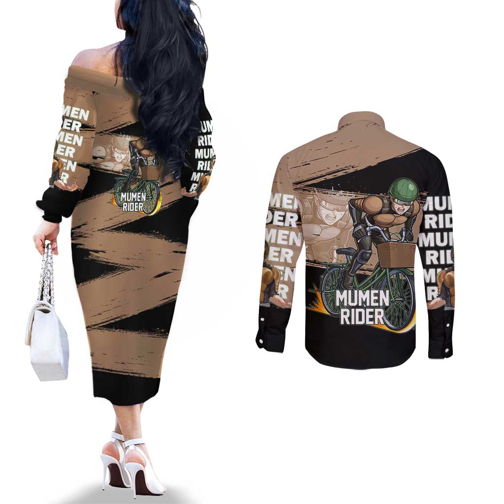 Mumen Rider One Punch Man Anime Brown and Black Couples Matching Off The Shoulder Long Sleeve Dress and Long Sleeve Button Shirt with Bicycle Hero Pose and Inspirational Determination Design - The Mazicc