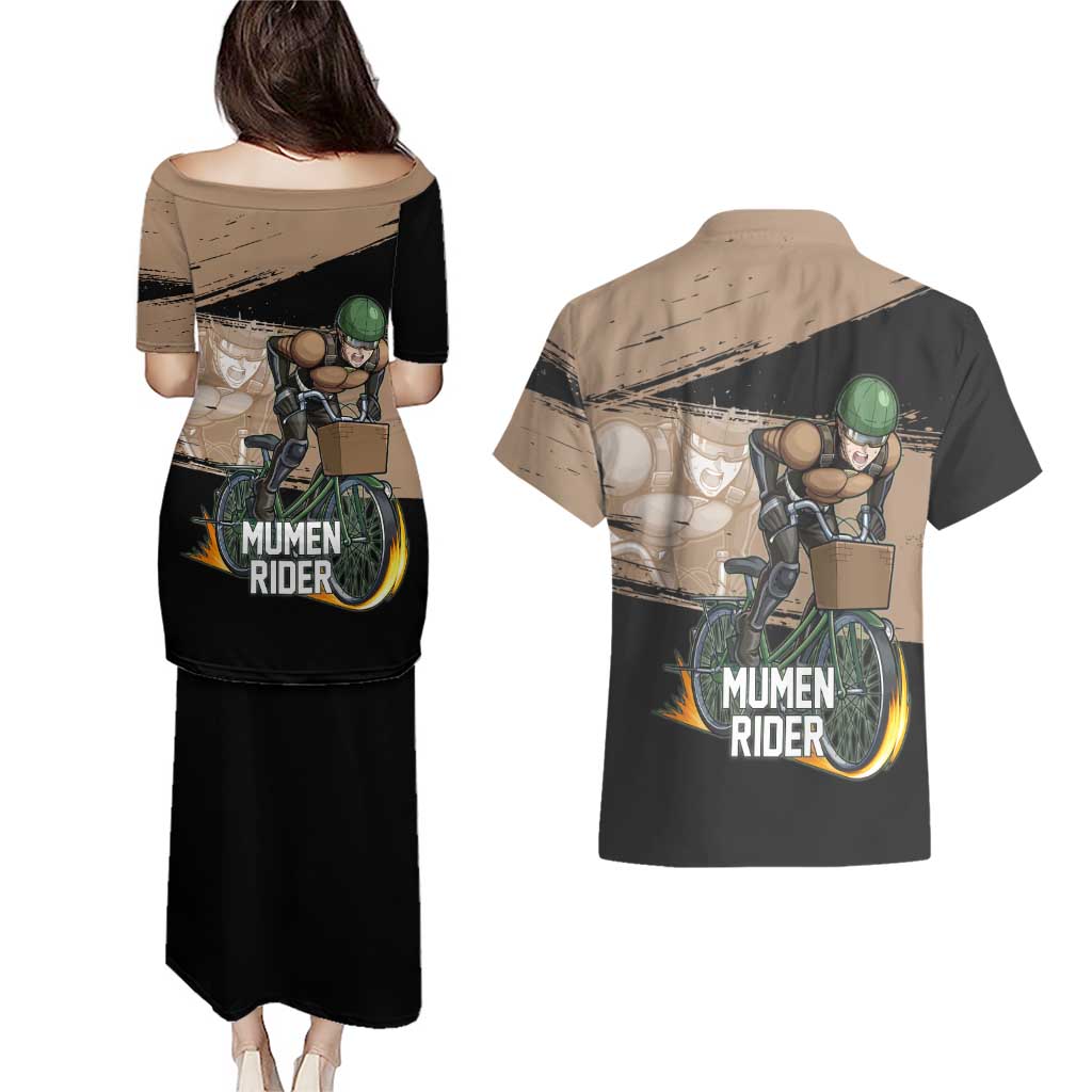 Mumen Rider One Punch Man Anime Brown and Black Couples Matching Puletasi and Hawaiian Shirt with Bicycle Hero Pose and Inspirational Determination Design - The Mazicc