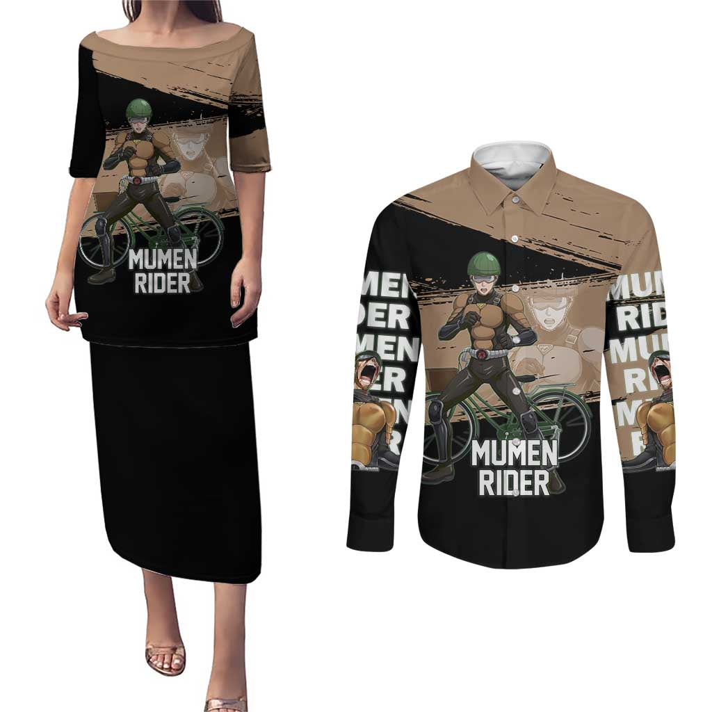 Mumen Rider One Punch Man Anime Brown and Black Couples Matching Puletasi and Long Sleeve Button Shirt with Bicycle Hero Pose and Inspirational Determination Design - The Mazicc