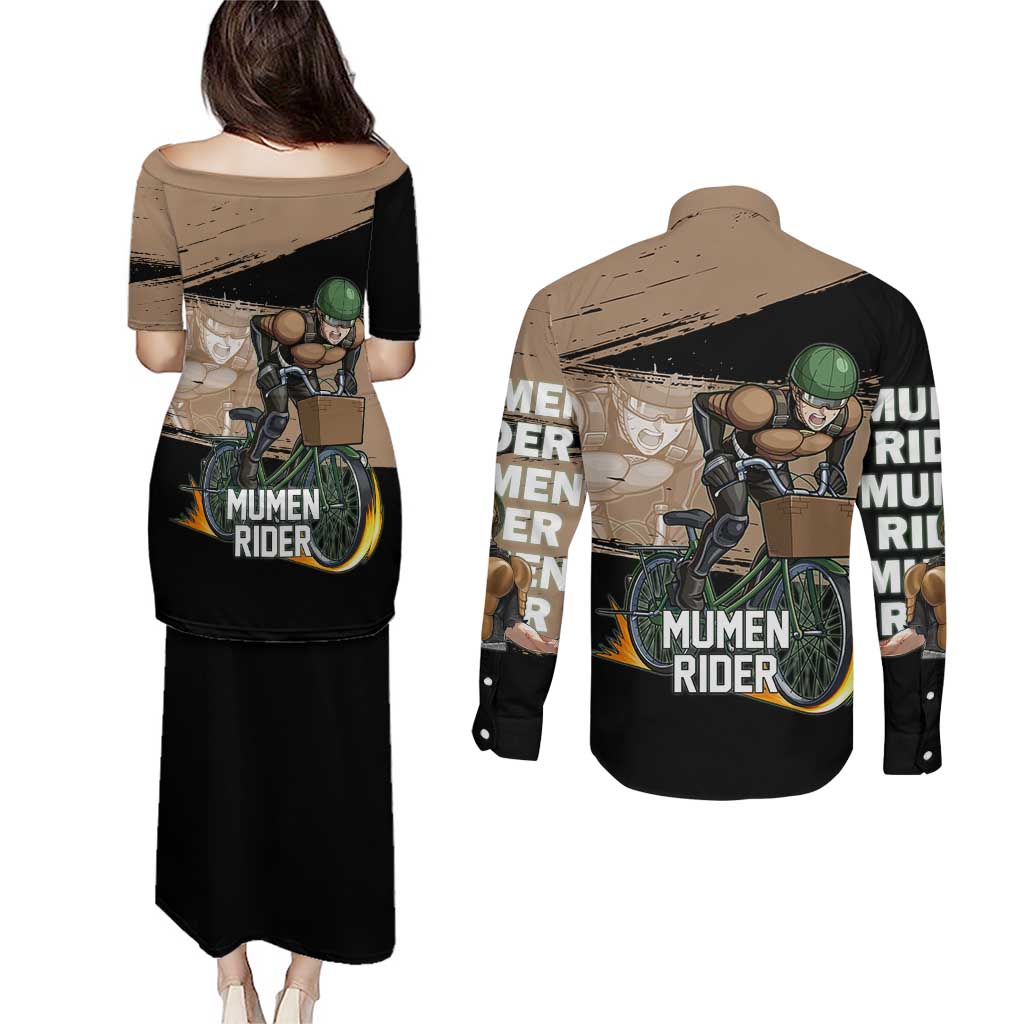 Mumen Rider One Punch Man Anime Brown and Black Couples Matching Puletasi and Long Sleeve Button Shirt with Bicycle Hero Pose and Inspirational Determination Design - The Mazicc