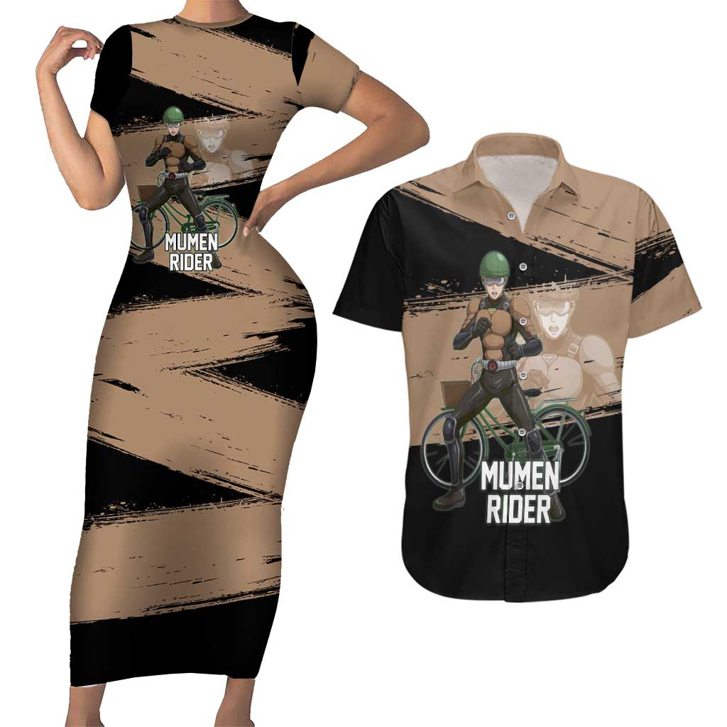 Mumen Rider One Punch Man Anime Brown and Black Couples Matching Short Sleeve Bodycon Dress and Hawaiian Shirt with Bicycle Hero Pose and Inspirational Determination Design - The Mazicc