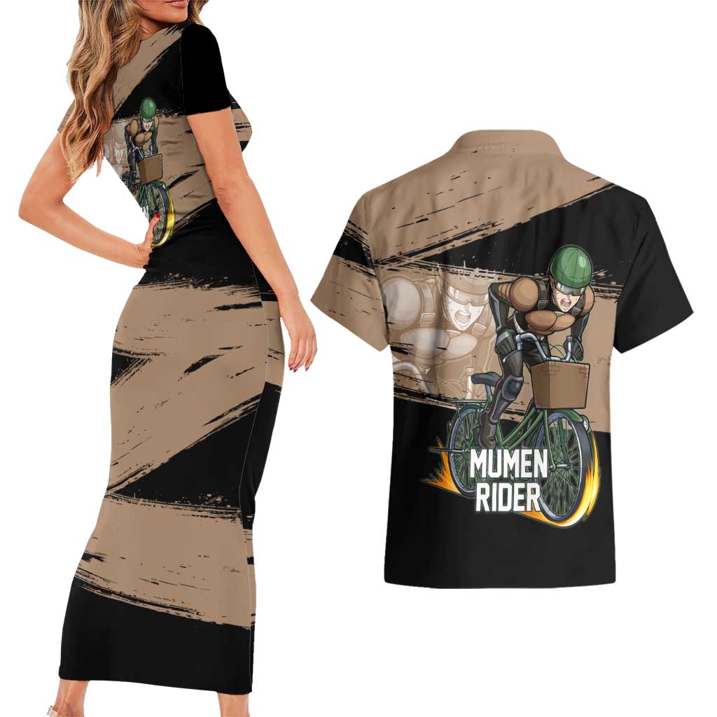 Mumen Rider One Punch Man Anime Brown and Black Couples Matching Short Sleeve Bodycon Dress and Hawaiian Shirt with Bicycle Hero Pose and Inspirational Determination Design - The Mazicc