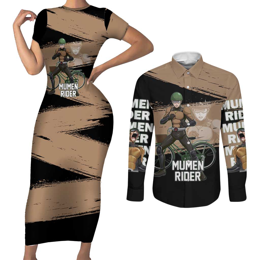 Mumen Rider One Punch Man Anime Brown and Black Couples Matching Short Sleeve Bodycon Dress and Long Sleeve Button Shirt with Bicycle Hero Pose and Inspirational Determination Design - The Mazicc