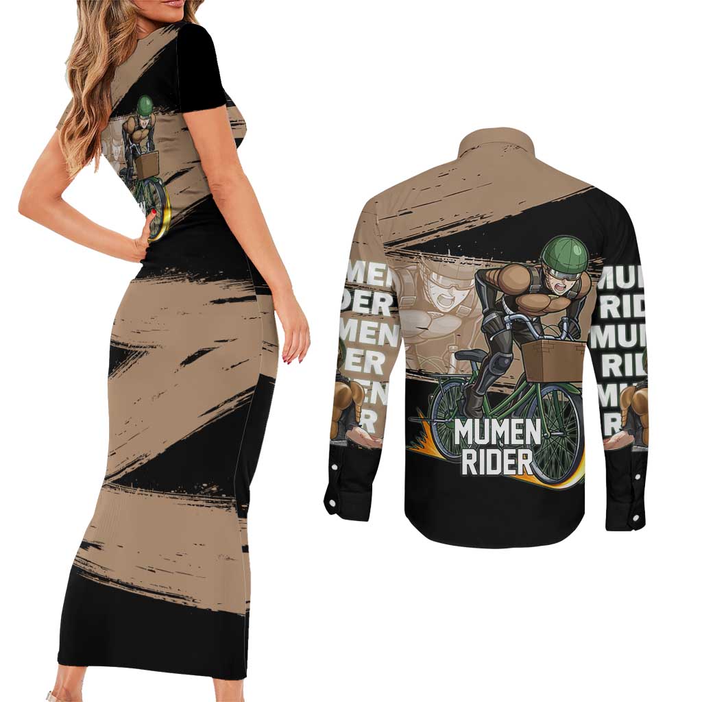 Mumen Rider One Punch Man Anime Brown and Black Couples Matching Short Sleeve Bodycon Dress and Long Sleeve Button Shirt with Bicycle Hero Pose and Inspirational Determination Design - The Mazicc
