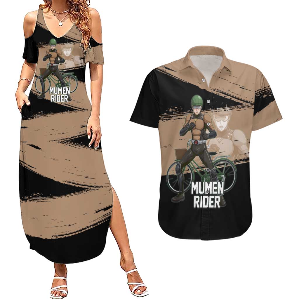 Mumen Rider One Punch Man Anime Brown and Black Couples Matching Summer Maxi Dress and Hawaiian Shirt with Bicycle Hero Pose and Inspirational Determination Design - The Mazicc