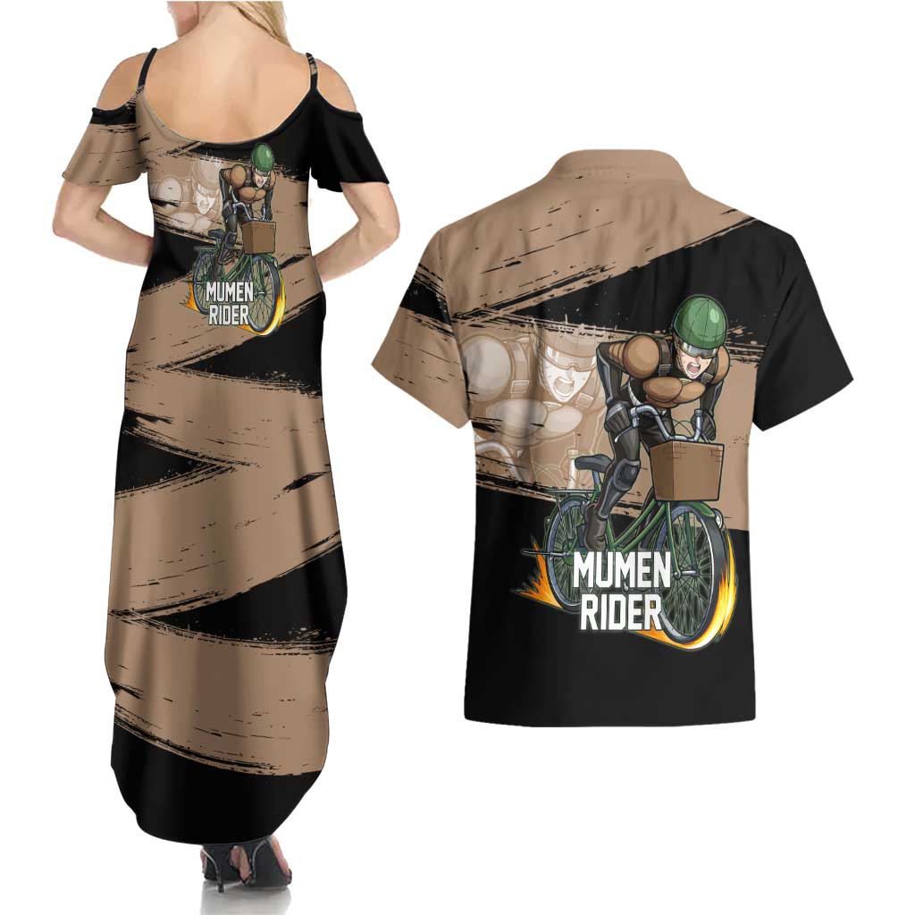 Mumen Rider One Punch Man Anime Brown and Black Couples Matching Summer Maxi Dress and Hawaiian Shirt with Bicycle Hero Pose and Inspirational Determination Design - The Mazicc