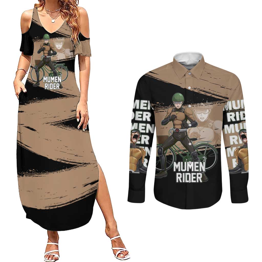 Mumen Rider One Punch Man Anime Brown and Black Couples Matching Summer Maxi Dress and Long Sleeve Button Shirt with Bicycle Hero Pose and Inspirational Determination Design - The Mazicc