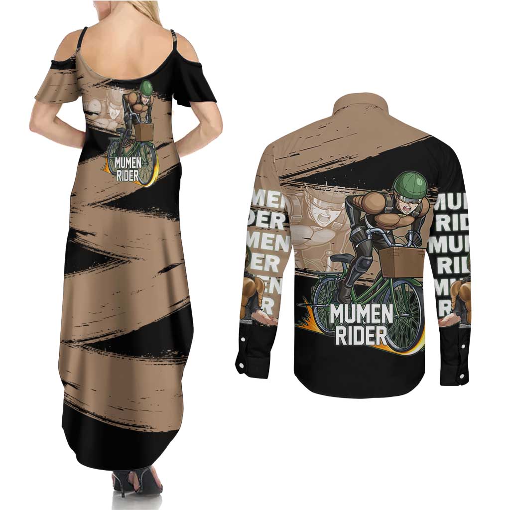 Mumen Rider One Punch Man Anime Brown and Black Couples Matching Summer Maxi Dress and Long Sleeve Button Shirt with Bicycle Hero Pose and Inspirational Determination Design - The Mazicc