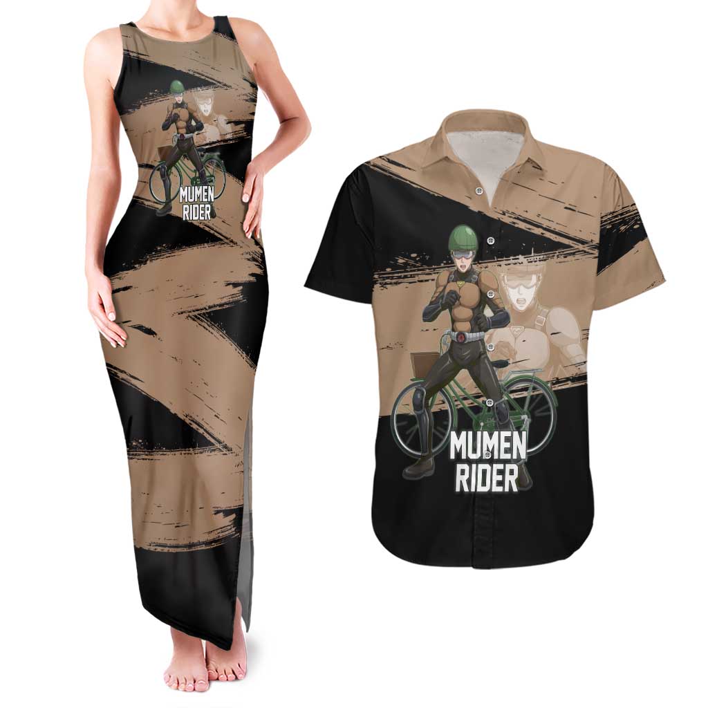 Mumen Rider One Punch Man Anime Brown and Black Couples Matching Tank Maxi Dress and Hawaiian Shirt with Bicycle Hero Pose and Inspirational Determination Design - The Mazicc