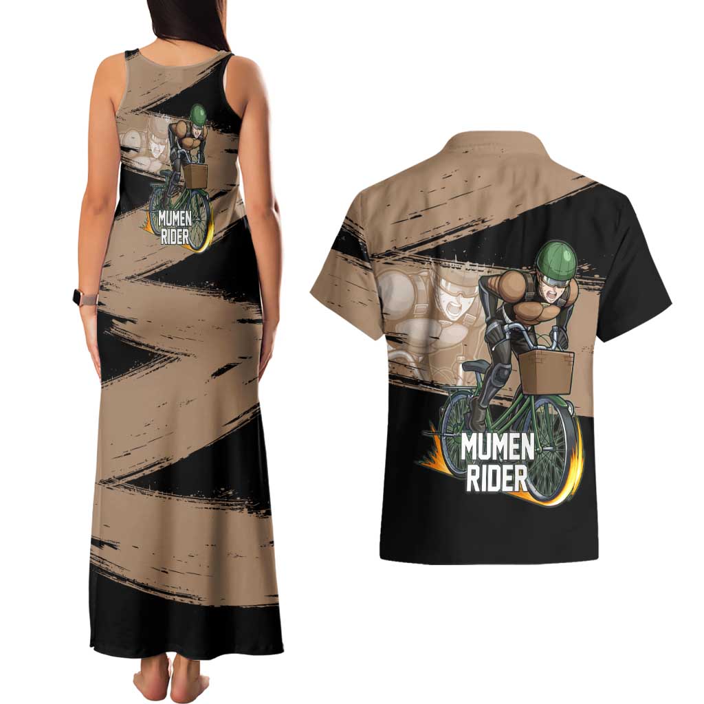 Mumen Rider One Punch Man Anime Brown and Black Couples Matching Tank Maxi Dress and Hawaiian Shirt with Bicycle Hero Pose and Inspirational Determination Design - The Mazicc