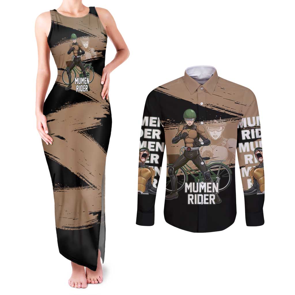 Mumen Rider One Punch Man Anime Brown and Black Couples Matching Tank Maxi Dress and Long Sleeve Button Shirt with Bicycle Hero Pose and Inspirational Determination Design - The Mazicc